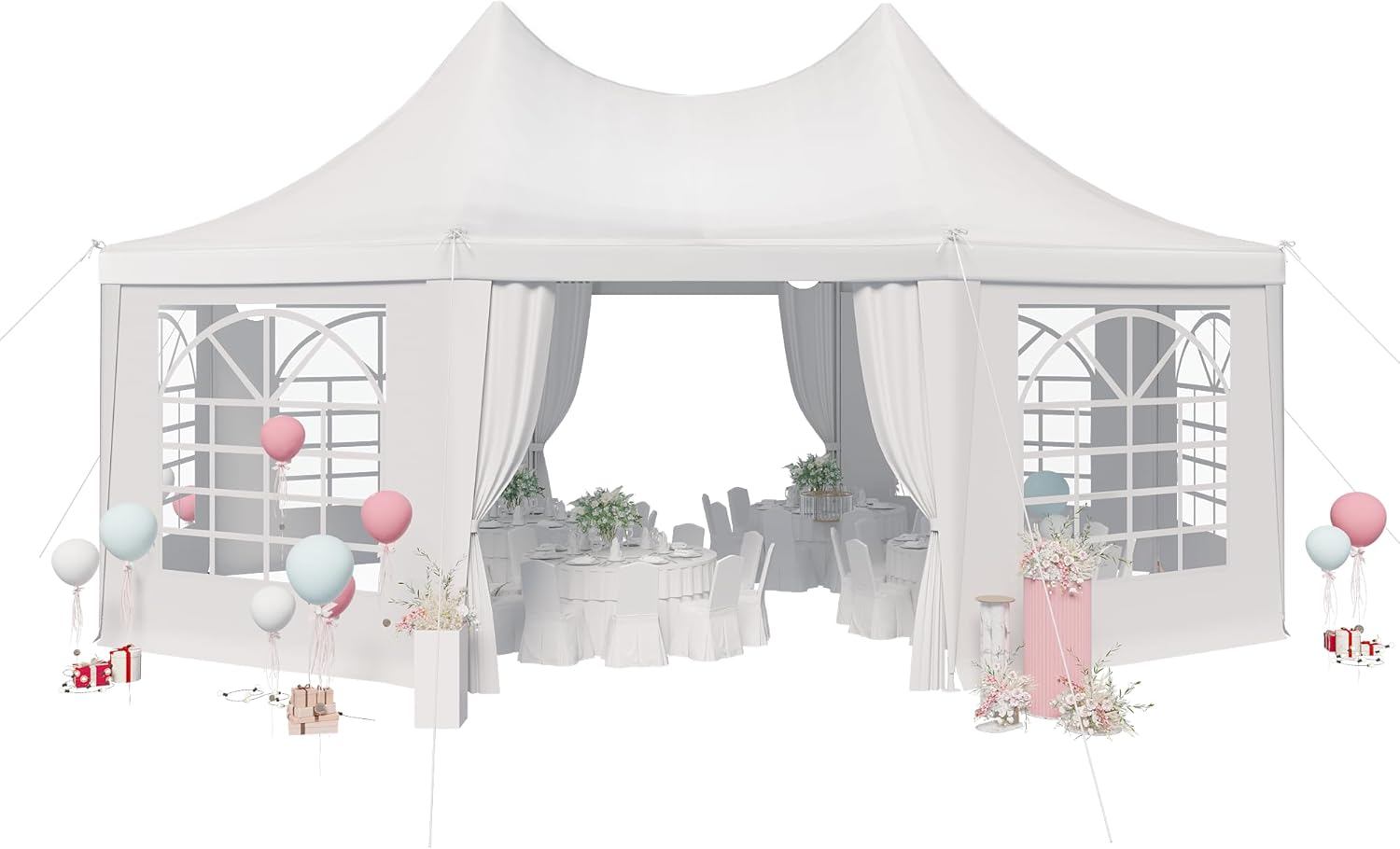 EROMMY 20x15ft Party Tent, White Wedding Tent, Octagonal Heavy Duty Canopy with 6 Removable Sidewalls, 6 Church Windows and 2 Pull-Back Doors, Outdoor Gazebo Pavilion Shelter Tent for Party, Event