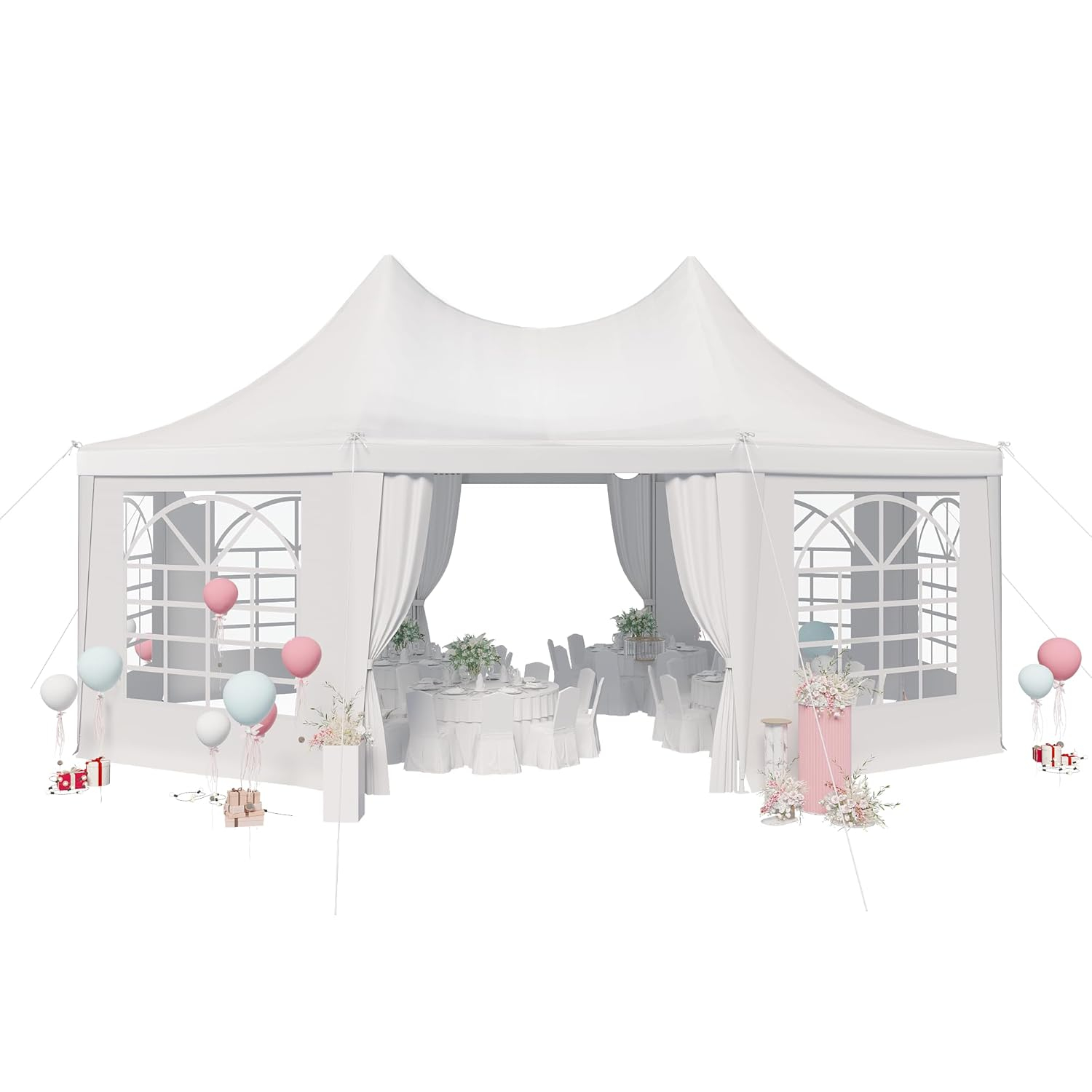 EROMMY 20x15ft Party Tent, White Wedding Tent, Octagonal Heavy Duty Canopy with 6 Removable Sidewalls, 6 Church Windows and 2 Pull-Back Doors, Outdoor Gazebo Pavilion Shelter Tent for Party, Event