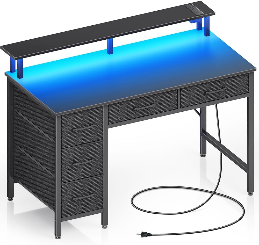 Computer Desk with Power Outlets & LED Light, 39 inch Home Office Desk with 5 Drawers, Writing Desk with Monitor Stand,Work Desk for Home Office, Black