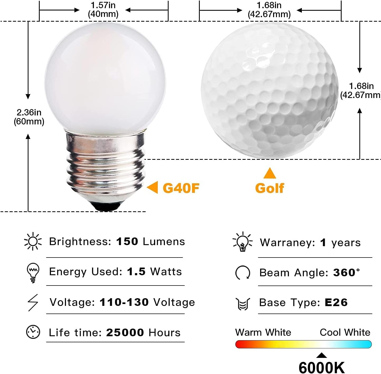 Globe Led Low Watt Light Bulbs 1.5W Equivalent 15 watt Soft White 6000k Frosted, Tiny G40 Bulbs for Bed-Side Table, Vanity Mirror, Porch, Home Decor, E26 Base Low Lumens Light Bulbs, Pack of 6