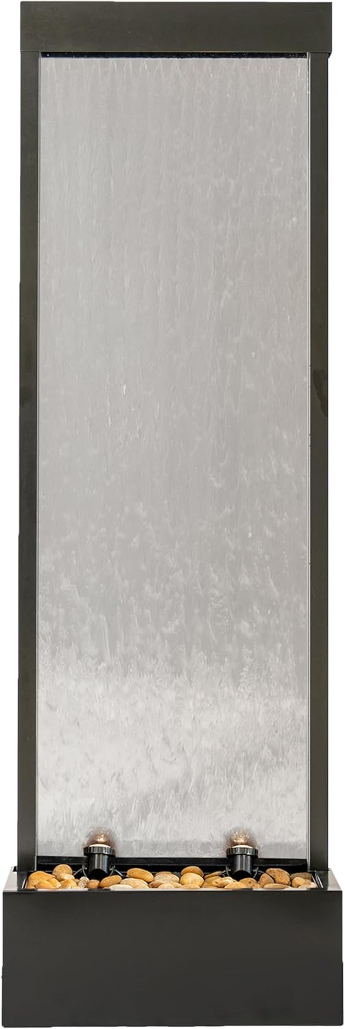 XBrand 68" H Freestanding Modern Indoor/Outdoor Waterfall Fountain w/ Decorative Rocks, LED Lights & Auto-Shut Off Pump, Aluminum/Clear Glass, Black