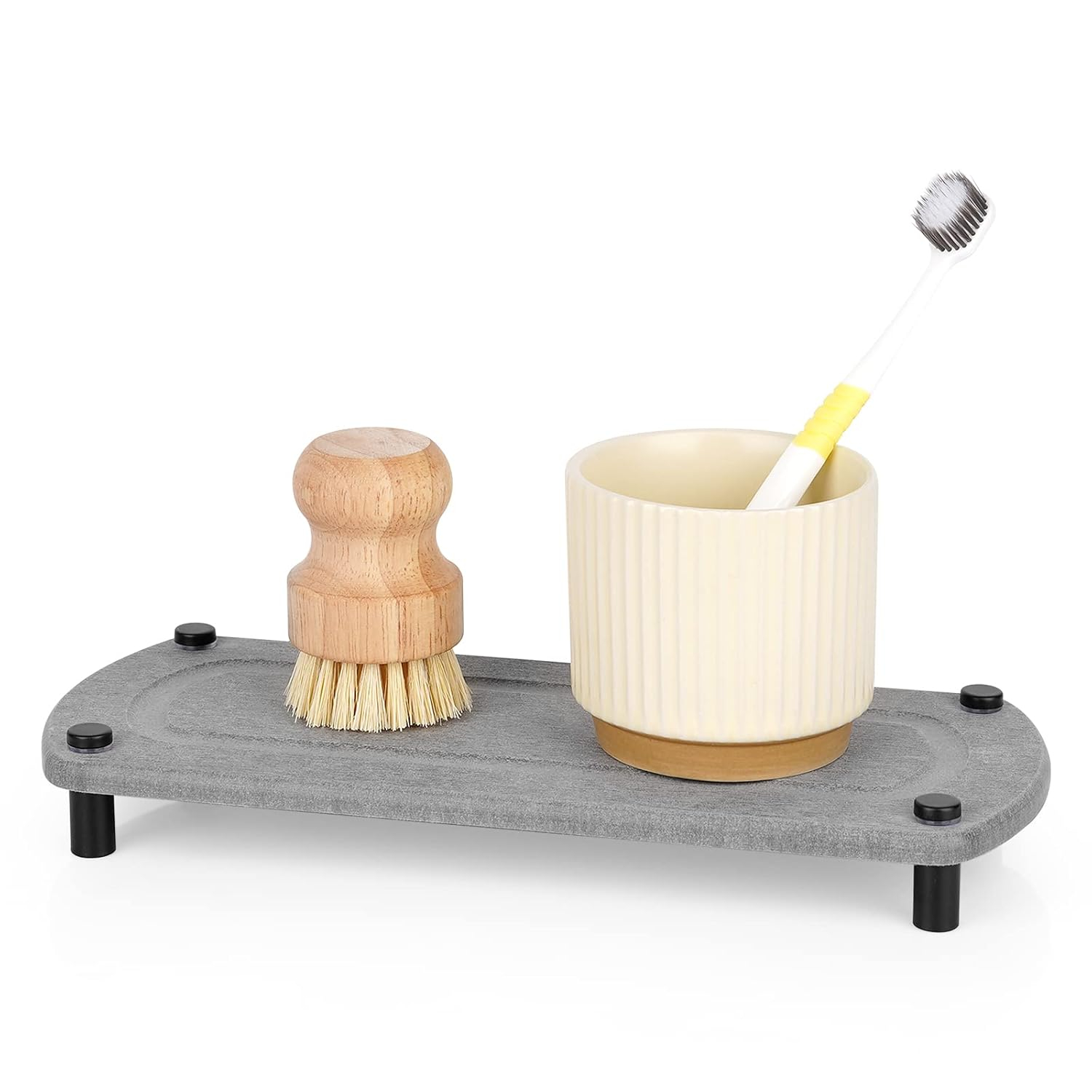 Sink Caddy Instant Dry Kitchen Sink Organizer Sponge Holder for Kitchen Sink Diatomaceous Pedestal Stand Riser with Stainless Steel Feet Protection for Modern Home (Grey)