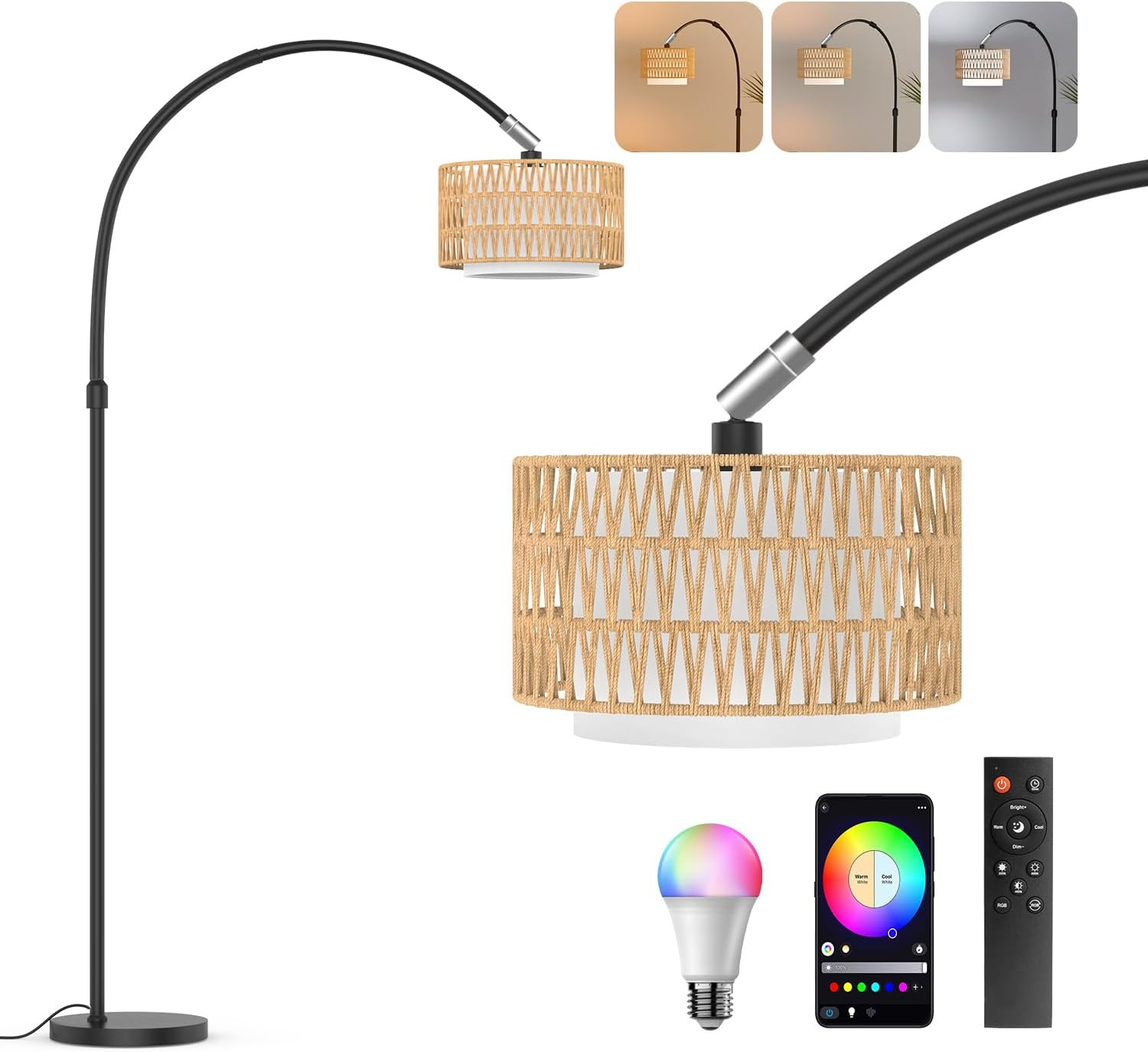 ROTTOGOON Boho Floor Lamp with Dimmable Bulb, Rattan &Linen Double Shades, Boho Standing Tall Lamps with Foot Switch, Bohemian Floor Lamps for Living Room, Bedroom, Office