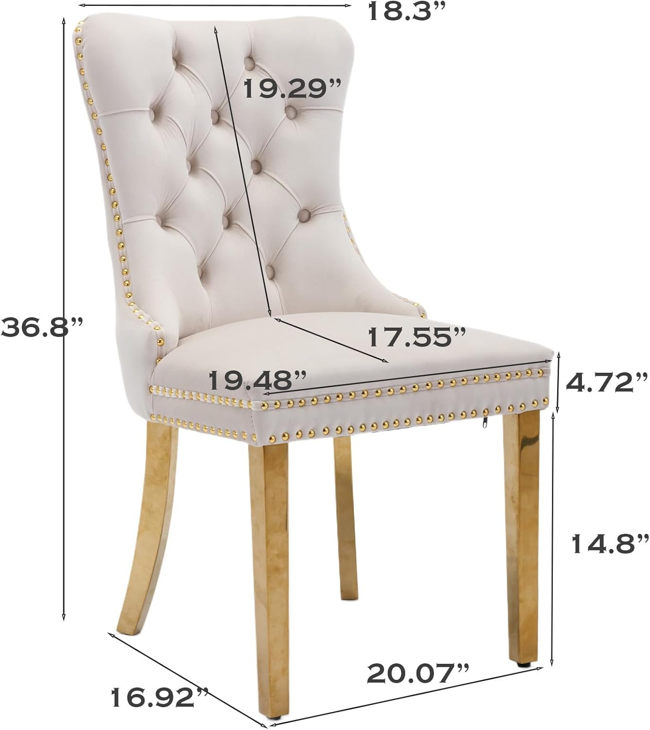 SoarFlash Velvet Dining Chair Set of 4, Upholstered Tufted Dining Room Chair with Nailhead Trim, Solid Gold Plated Leg for Kitchen (Beige)