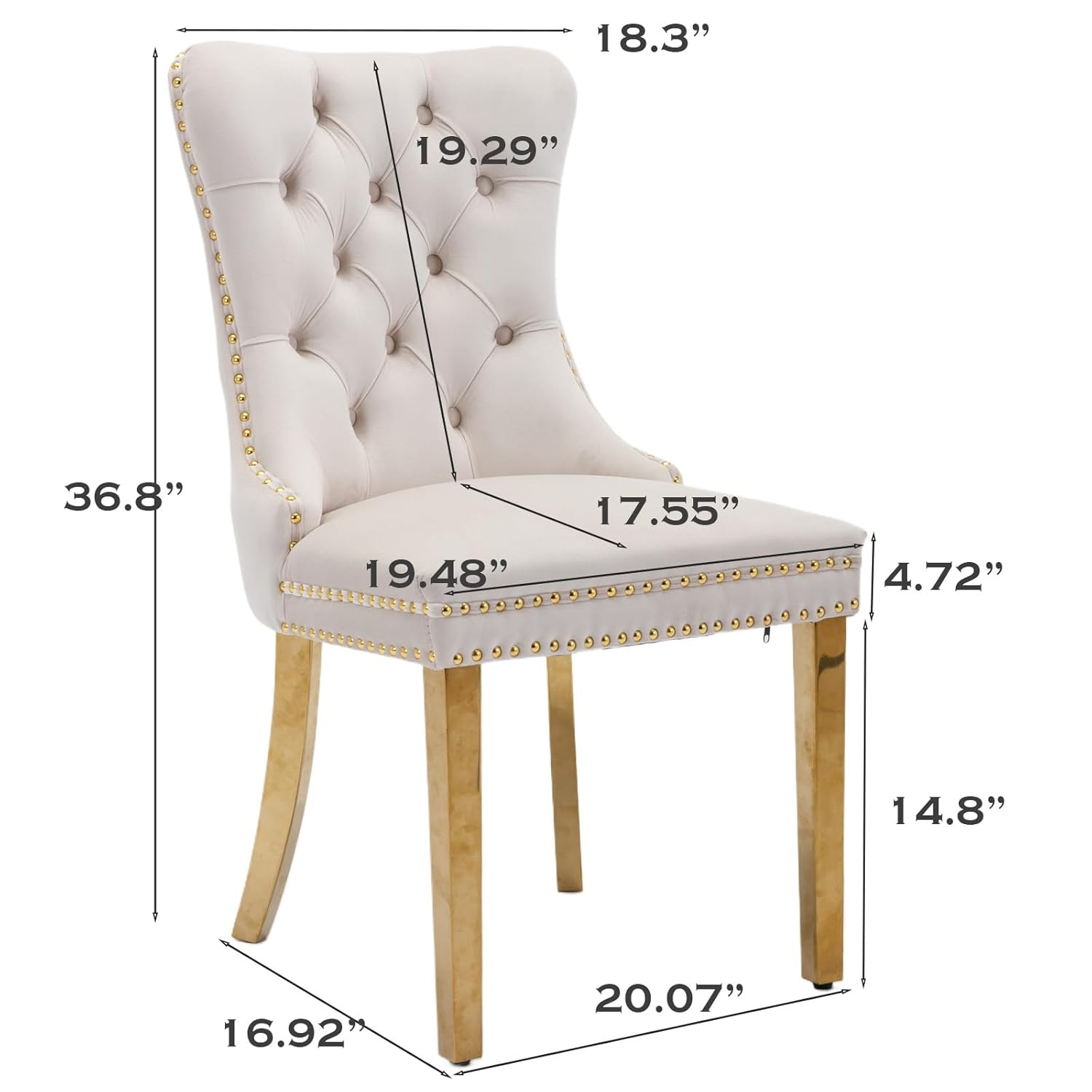 SoarFlash Velvet Dining Chair Set of 4, Upholstered Tufted Dining Room Chair with Nailhead Trim, Solid Gold Plated Leg for Kitchen (Beige)