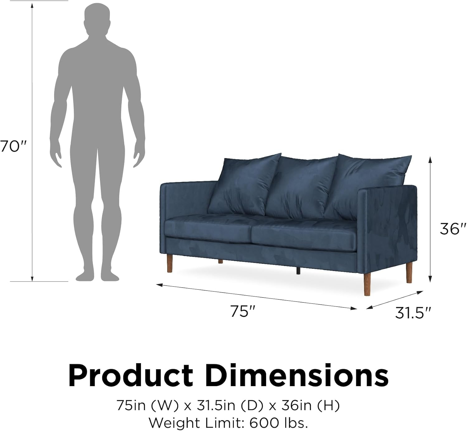 Novogratz Paige Modern Pillowback Sofa, Navy Blue Velvet