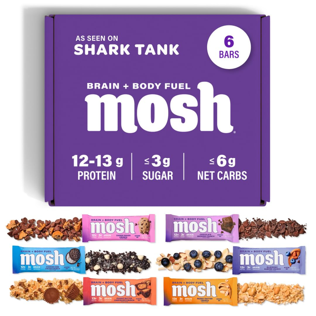 MOSH Variety Pack Protein Bars, 6pk, Keto Snack, Gluten-Free, No Added Sugar, 12g Whey Protein, Lion's Mane, B12 Vitamins, Supports Brain Health, Breakfast To-Go (Flavors may vary)
