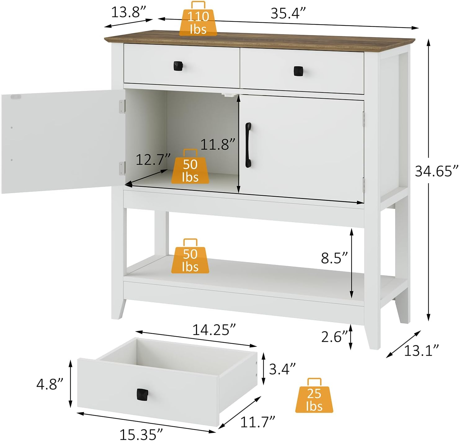 Console Table Sofa Table,Coffee Bar Cabinet,35.5" Lx 13.8" W x 34.65" H,Entryway Table with 2 Drawers & 2Door Cabinet Buffet Sideboard for Kitchen Entryway,Hallway,Foyer,White