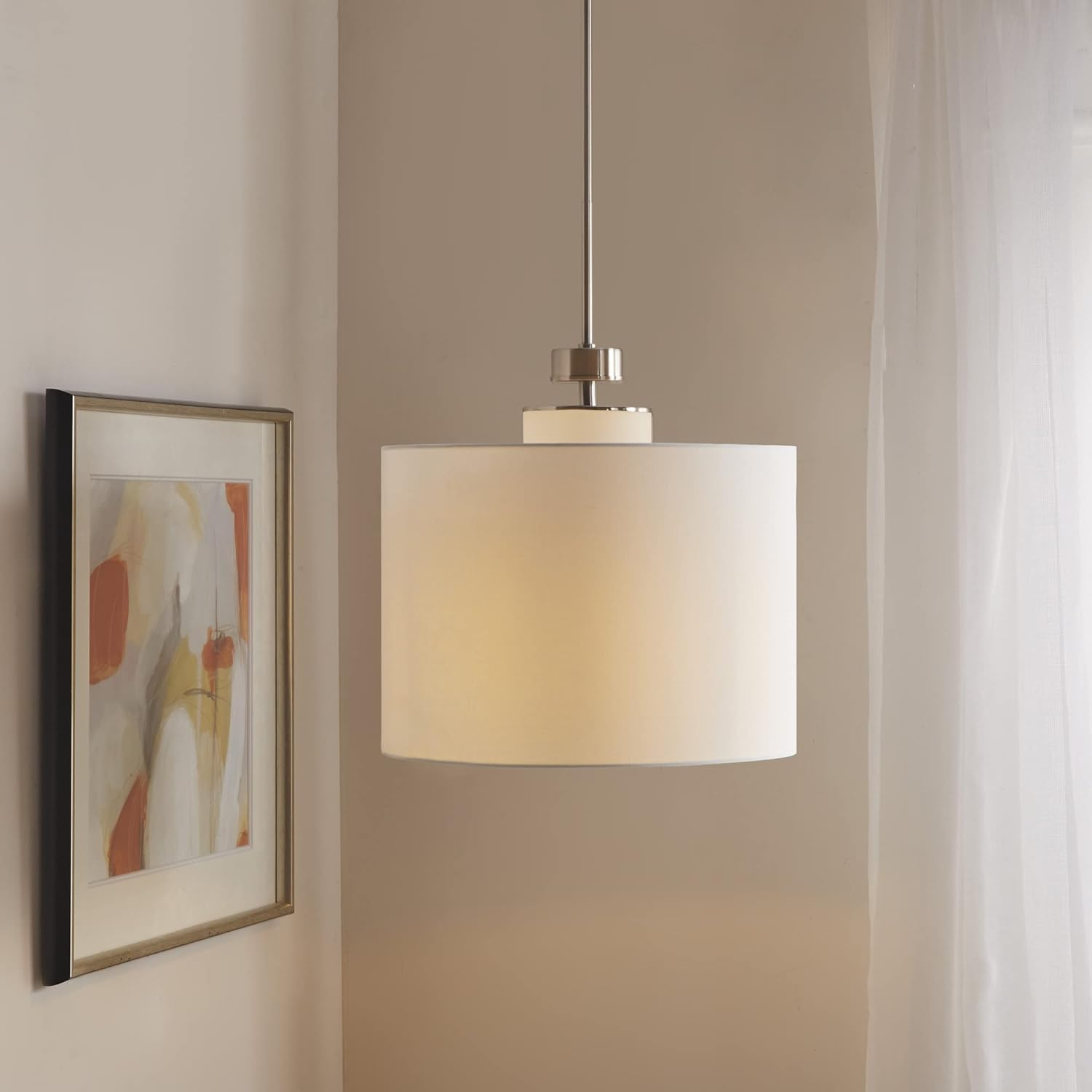Urban Sophisticate White Linen & Glass LED Drum Pendant