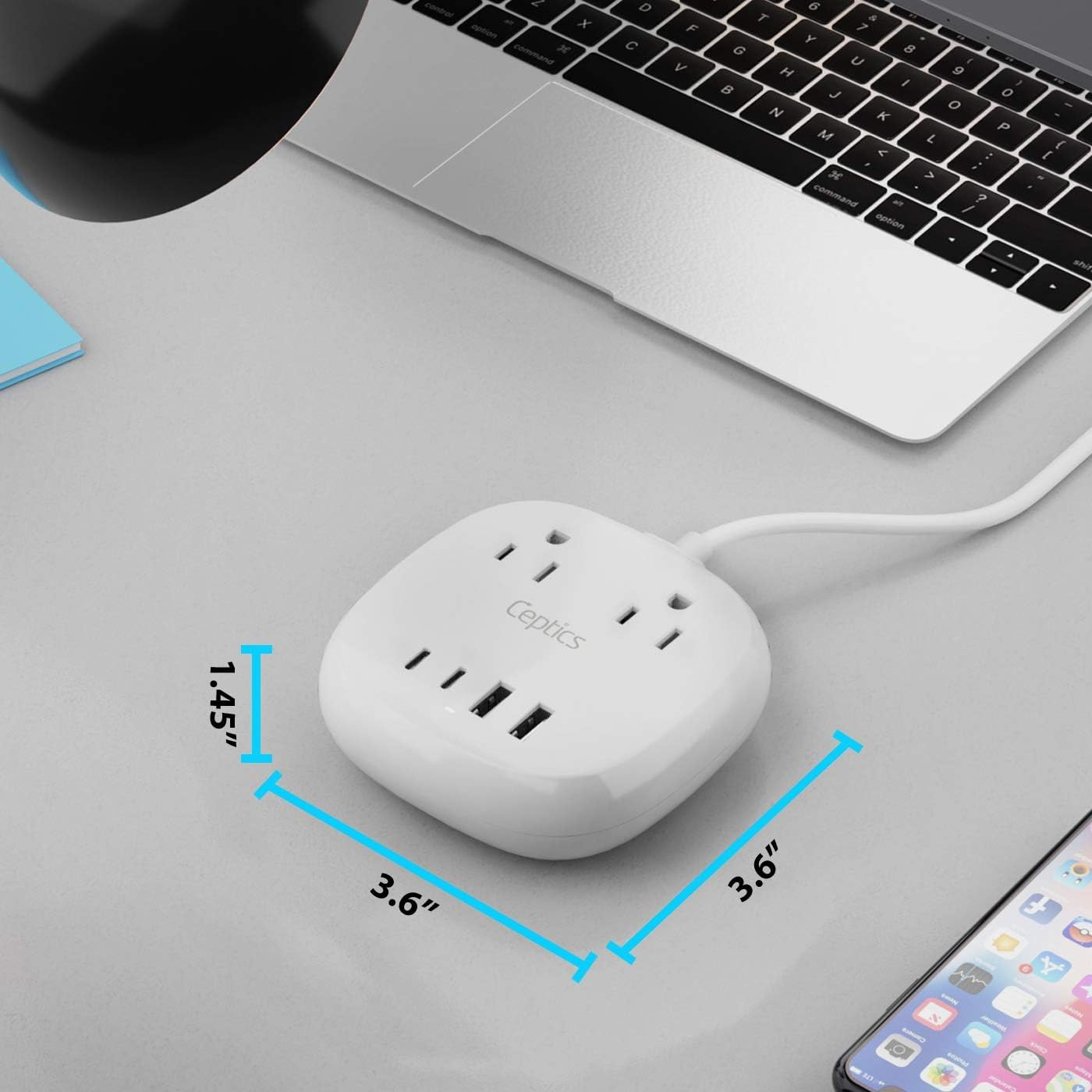 Ceptics USB C Power Strip, Compact Surge Protector with Grounded Dual USB and USB-C Ports, 21W 5-Foot Cord