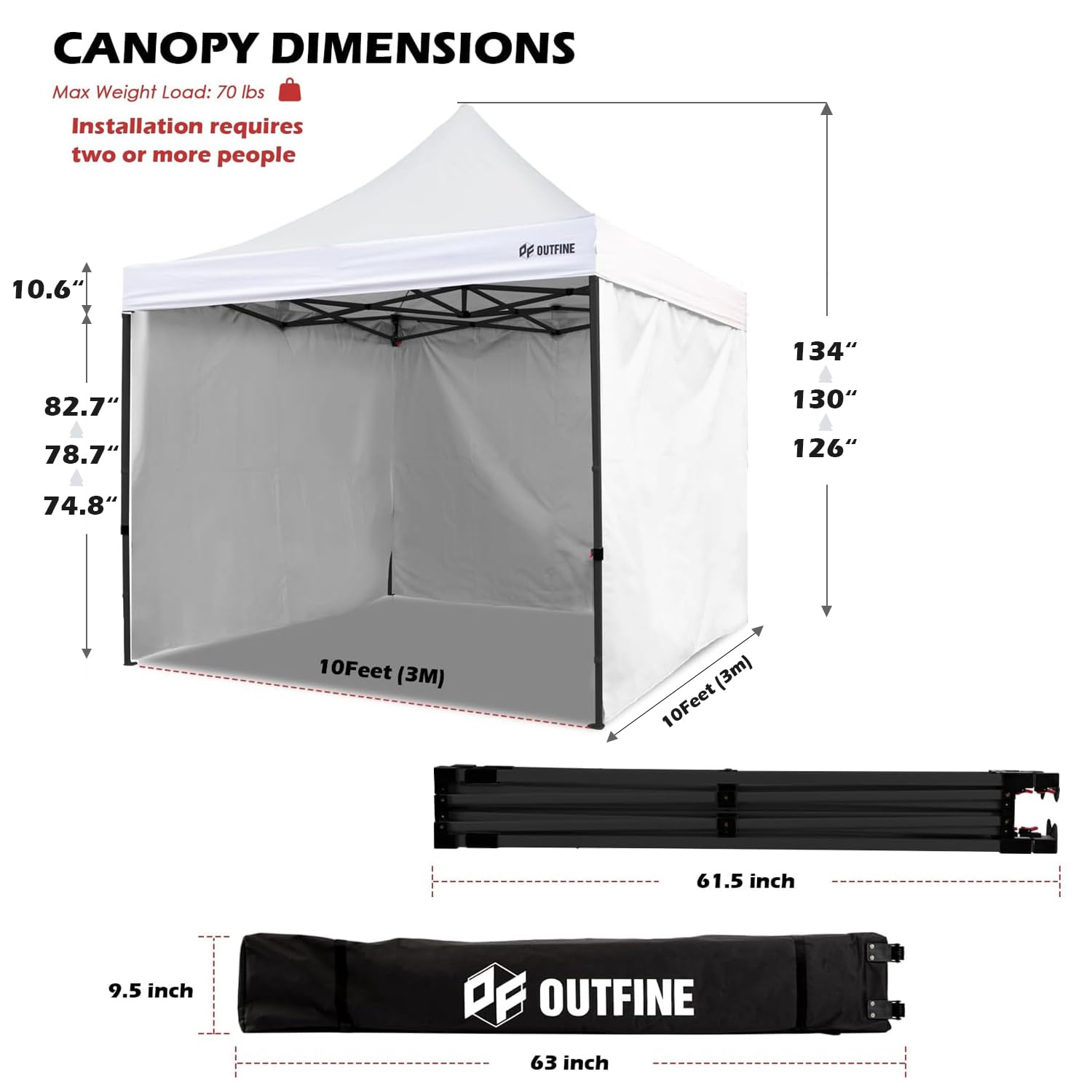 OUTFINE Heavy Duty Canopy 10x10 Pop Up Commercial Canopy Tent with 3 Side Walls Instant Shade, Bonus Upgrade Roller Bag, 4 Weight Bags, Stakes and Ropes (White, 10 * 10FT)