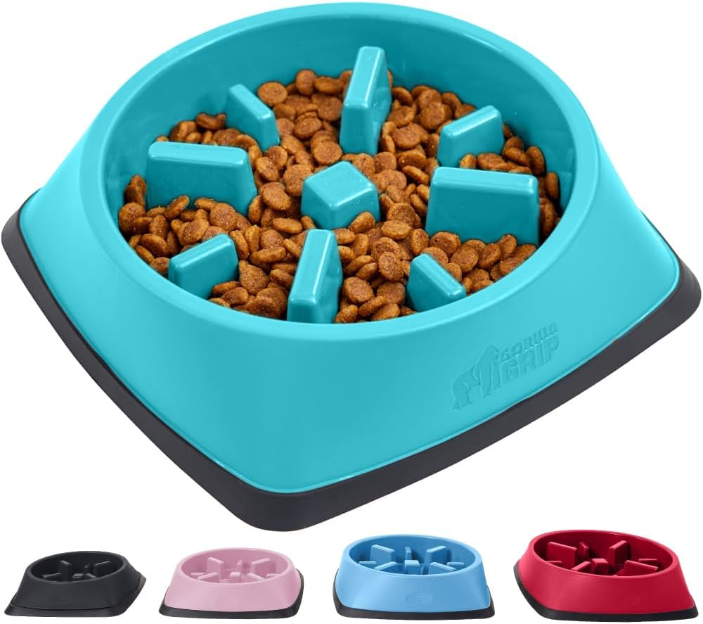 Gorilla Grip Slip Resistant Slow Feeder Dog Bowl,4 Cups,Slows Down Pets Eating,Prevents Overeating,Feed Small&Large Breed Puppy,Puzzle Design,Dogs Pet Bowls for Dry&Wet Food,Turquoise,4 Cup.