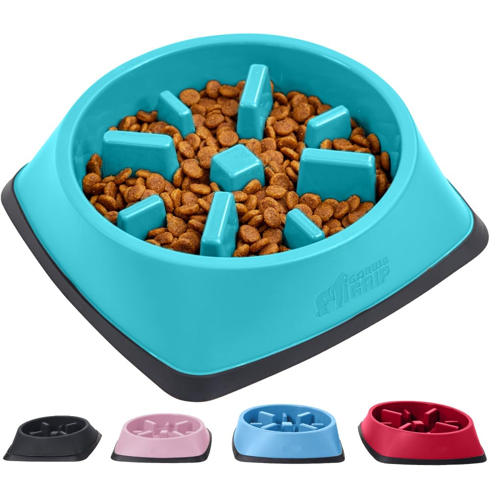 Gorilla Grip Slip Resistant Slow Feeder Dog Bowl,4 Cups,Slows Down Pets Eating,Prevents Overeating,Feed Small&Large Breed Puppy,Puzzle Design,Dogs Pet Bowls for Dry&Wet Food,Turquoise,4 Cup.