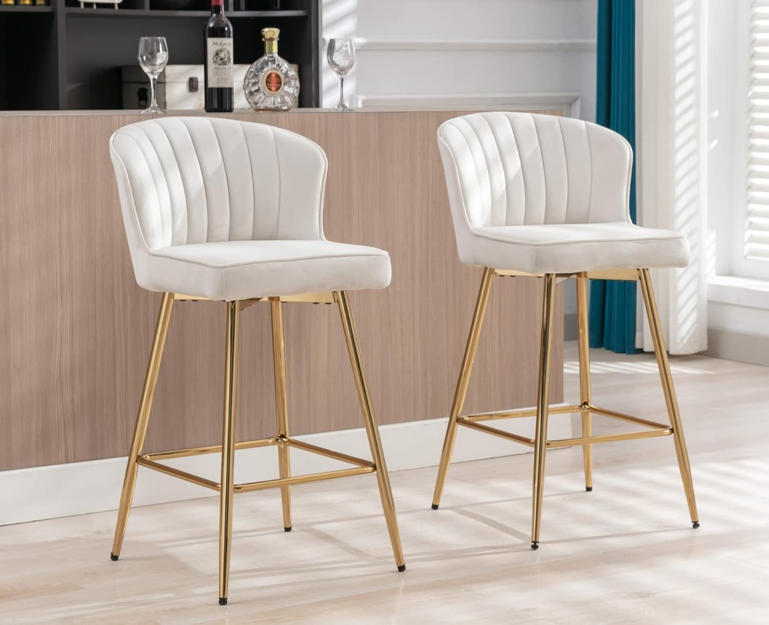Counter Height Stools Set of 2, Velvet Bar Stools with 27 Inches Upholstered Seat Height, Handmade Woven Back Armrest, Sturdy Golden Metal Legs for Home Dining Pub Kitchen Island, Beige