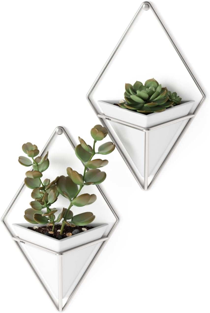 Umbra Trigg Ceramic Hanging Planter Wall Décor Set of 2 White Nickel