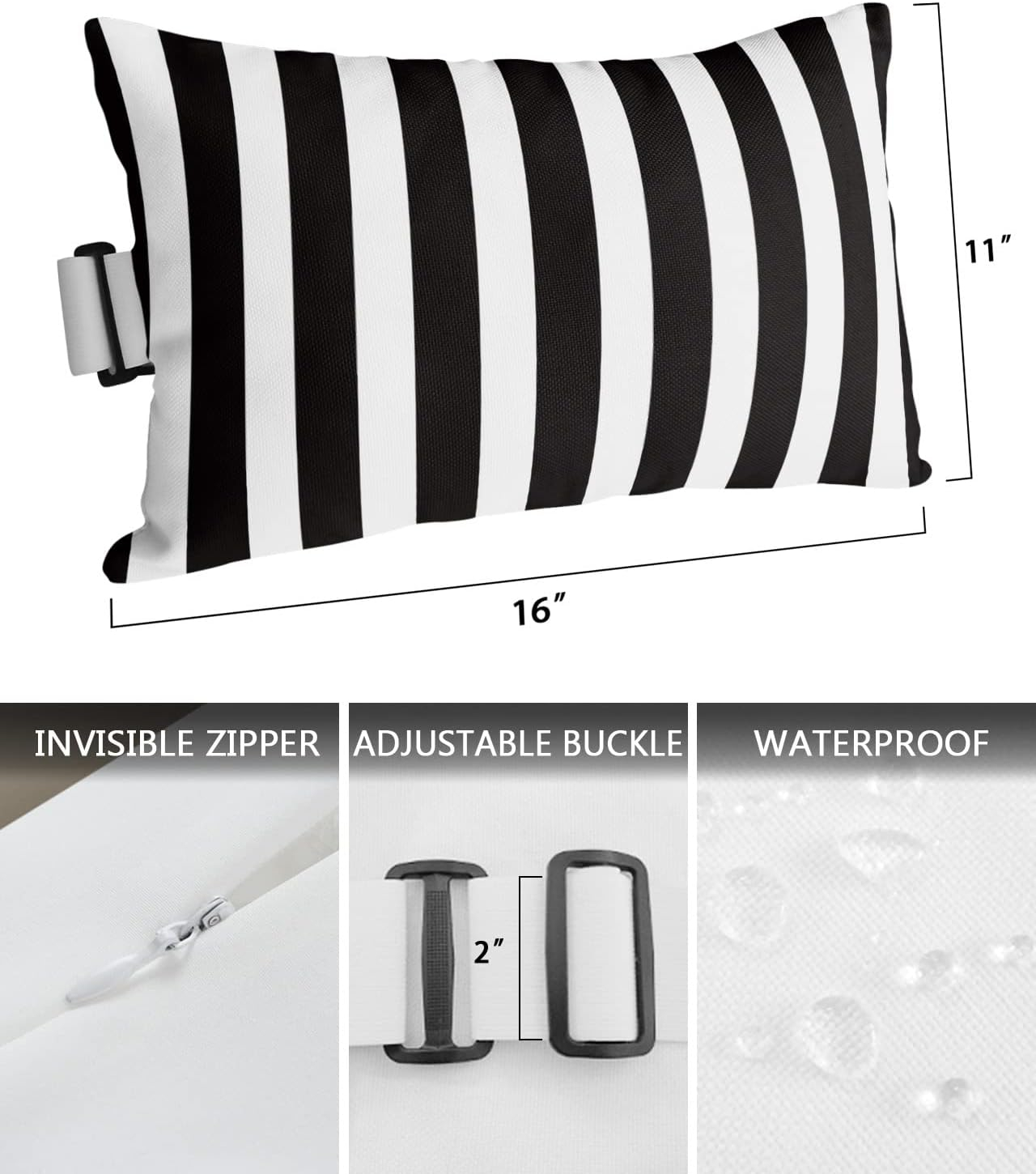 T&H XHome Outdoor Pillow for Chaise Lounge Chair, Black and White Stripe Waterproof Headrest Pillow Lumbar Pillows with Insert & Adjustable Elastic Strap for Beach, Poolside, Patio, Office (2 Pack)