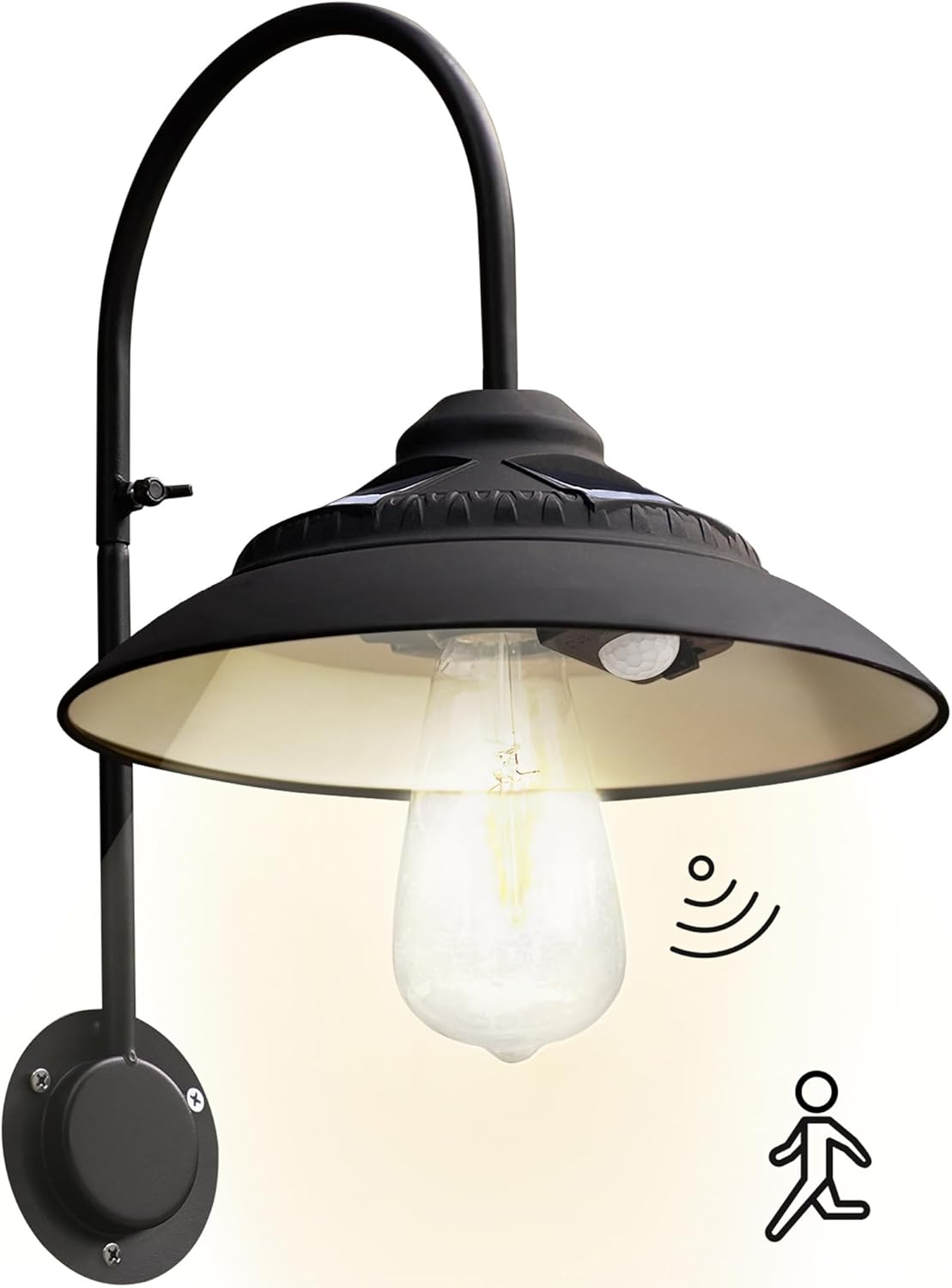 Goodeco Solar Barn Light with Motion Sensor - Metal Design Outdoor Lights - 4 High Efficiency Solar Panels with Clear Glass LED Edison Bulb, Perfect Chicken Coop Light & More (Black)