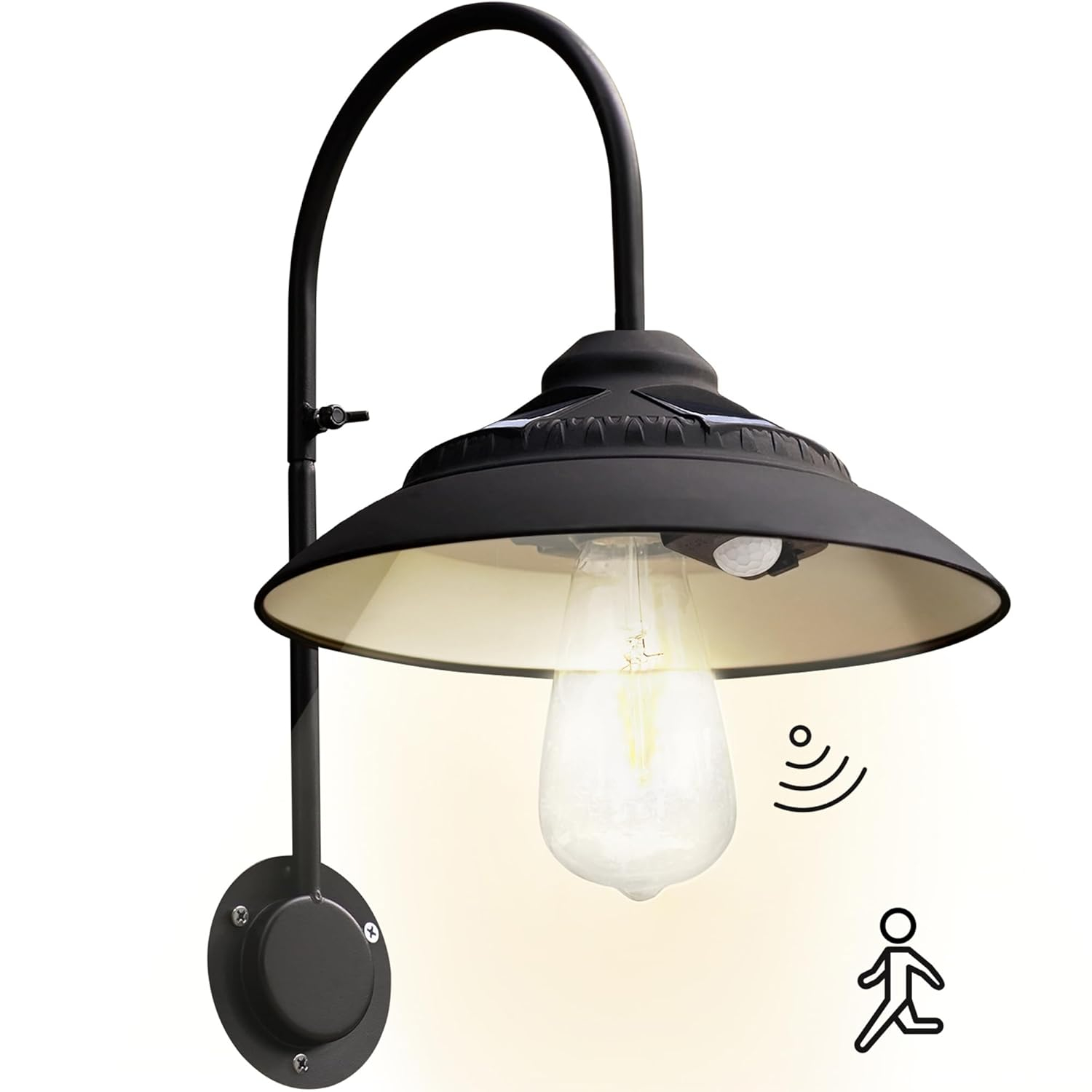 Goodeco Solar Barn Light with Motion Sensor - Metal Design Outdoor Lights - 4 High Efficiency Solar Panels with Clear Glass LED Edison Bulb, Perfect Chicken Coop Light & More (Black)