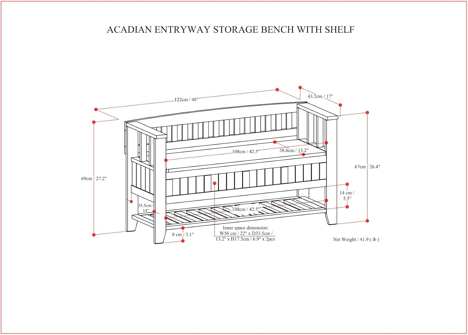Brunette Brown Wooden Entryway Storage Bench with Shelf