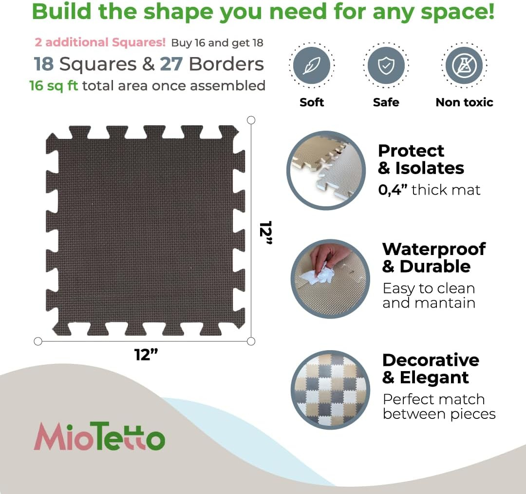 MioTetto Non-Toxic Foam Play Mat for Babies & Kids, Interlocking Puzzle Tiles, Cream-Gray-Beige, 18 Pieces – Perfect for Tummy Time, Crawling, Nursery, Playroom, or Gym