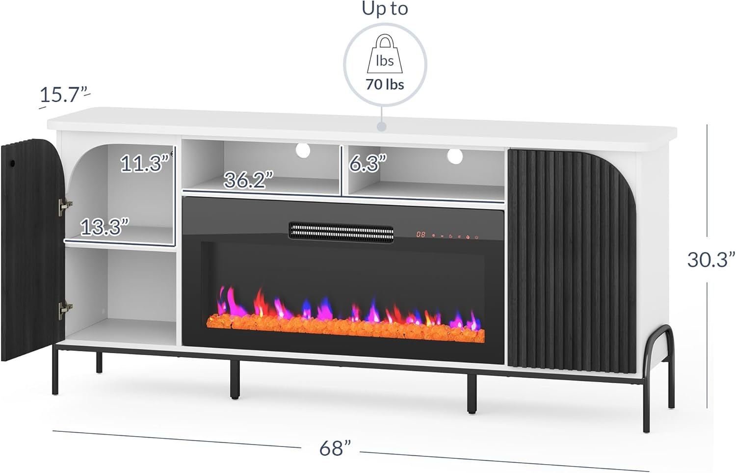 BELLEZE 68 Inch Fluted TV Stands with 36" Electric Fireplace, Modern Fluted Entertainment Center with Open Storage Shelves& Cabinets, Media Console TV Cabinet For Living Room Bedroom (White)