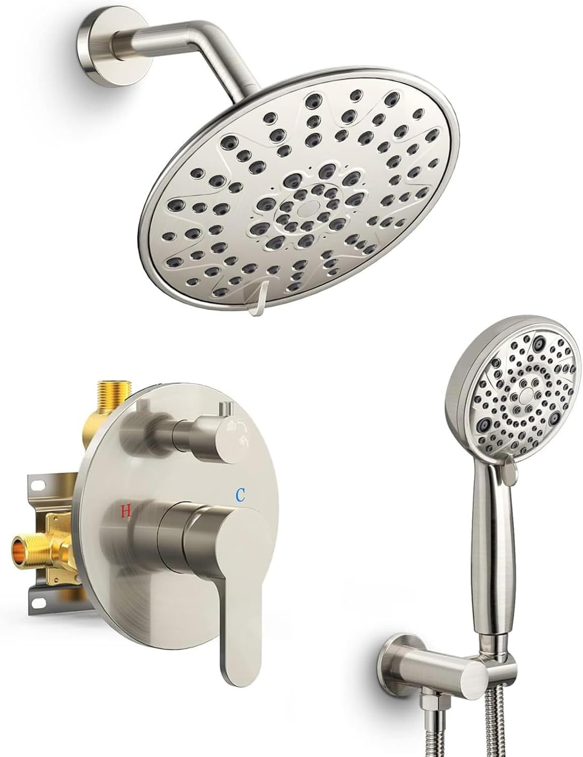SR SUN RISE Shower Faucet - 8 Inch Multifunctional High Pressure Shower Head System with Handheld Shower Head Fixtures - Valve Included - Brushed Nickel