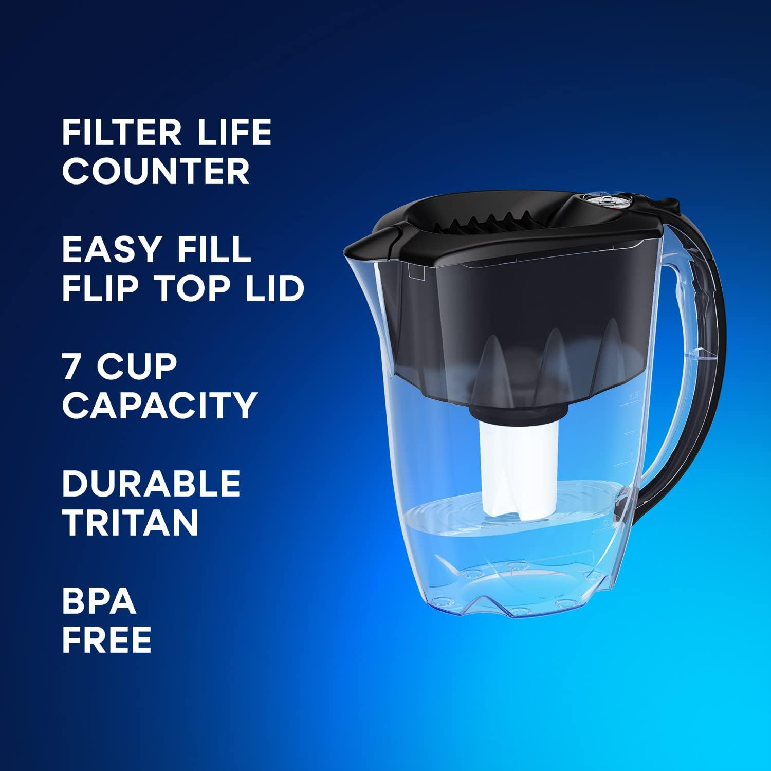 AQUAPHOR Ideal 7-Cup Water Filter Pitcher - Black with 1 x B15 Filter - Fits in the Fridge Door - Reduces Limescale and Chlorine - Ideal for Seven Cups