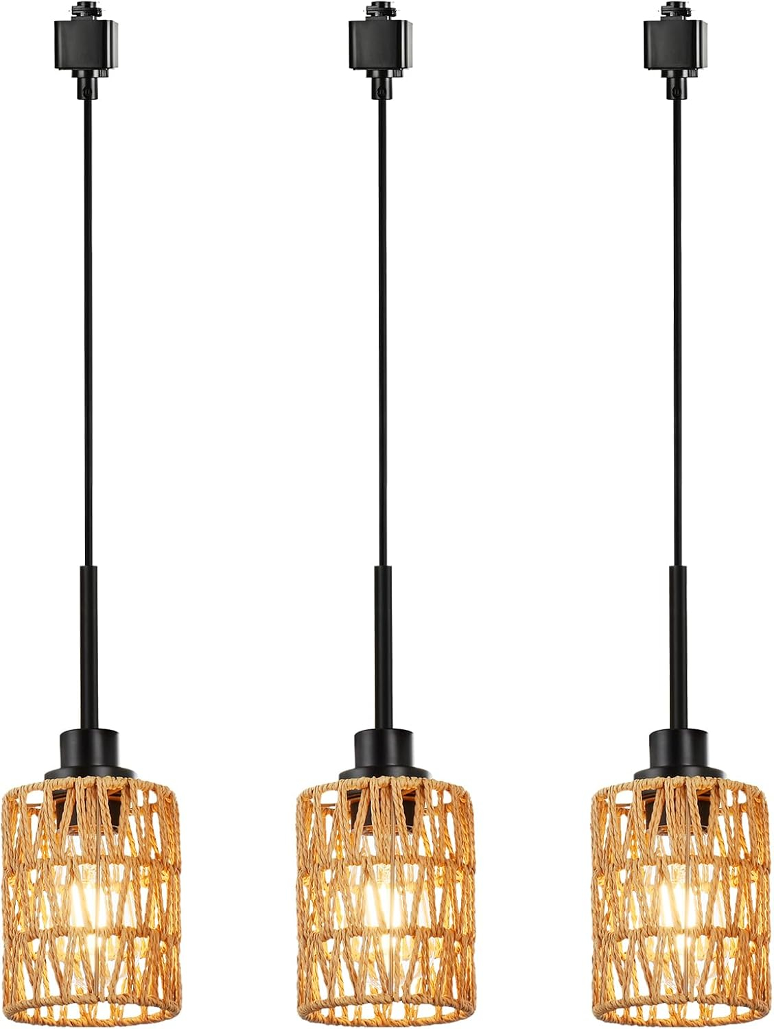 3-Pack H Type Track Lighting Pendants, Ceiling Track Hanging Light Fixture with Hand-Woven Rattan Shade, H-Type Tracking Boho Pendant Lighting Fixtures for Kitchen Island Dining Room, E26 Base