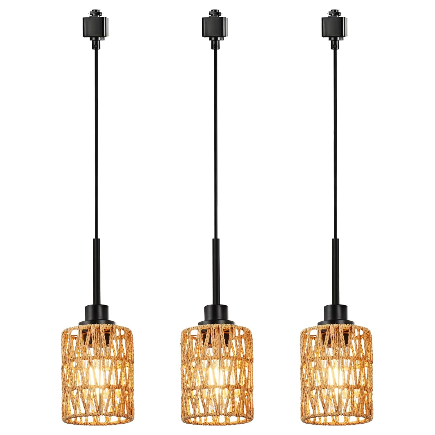 3-Pack H Type Track Lighting Pendants, Ceiling Track Hanging Light Fixture with Hand-Woven Rattan Shade, H-Type Tracking Boho Pendant Lighting Fixtures for Kitchen Island Dining Room, E26 Base