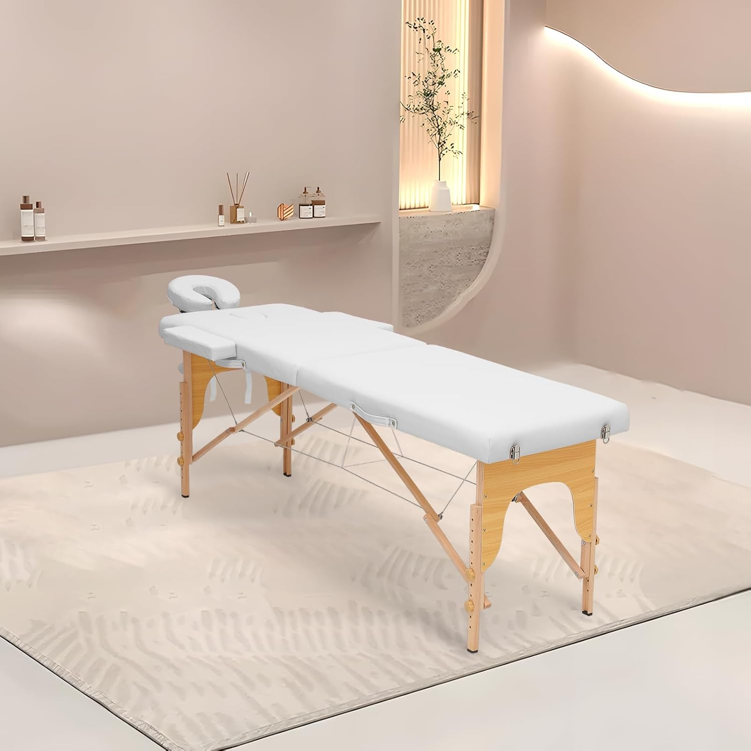 MoNiBloom Portable Massage Table Spa Bed, 24.5" to 33.5" Height Adjustable Two Fold Massage Bed / Facial Salon Tattoo Bed with Carry Bag for Beauty Salon and Family, Beechwood, White