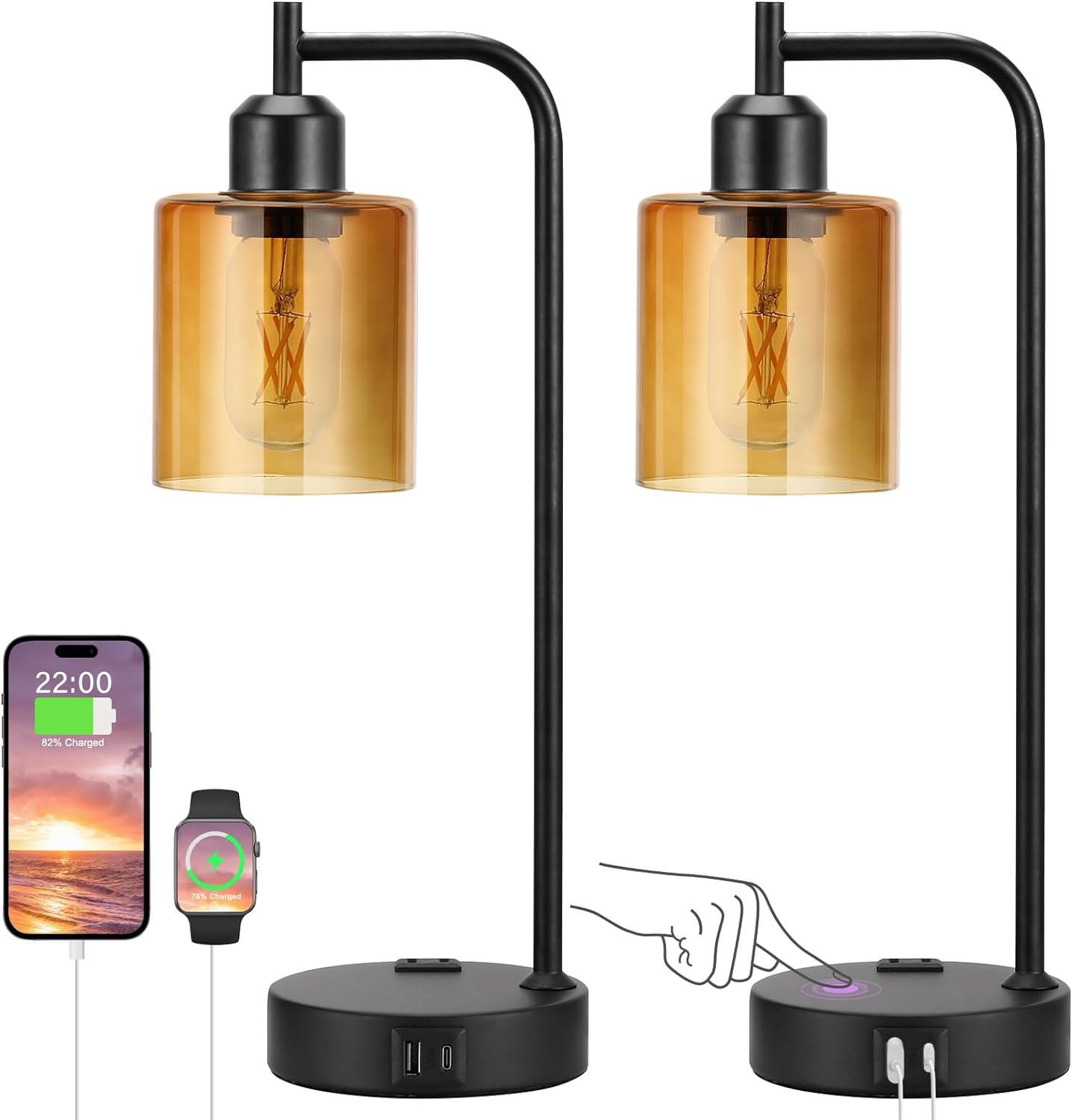 Industrial Touch Nightstand Lamps for Bedrooms Set of 2 - 3-Way Dimmable Table Lamps with USB C+A Ports and Outlet, Bedside Lamps with Amber Glass Shade for Living Room, Desk Lamps for Home Office