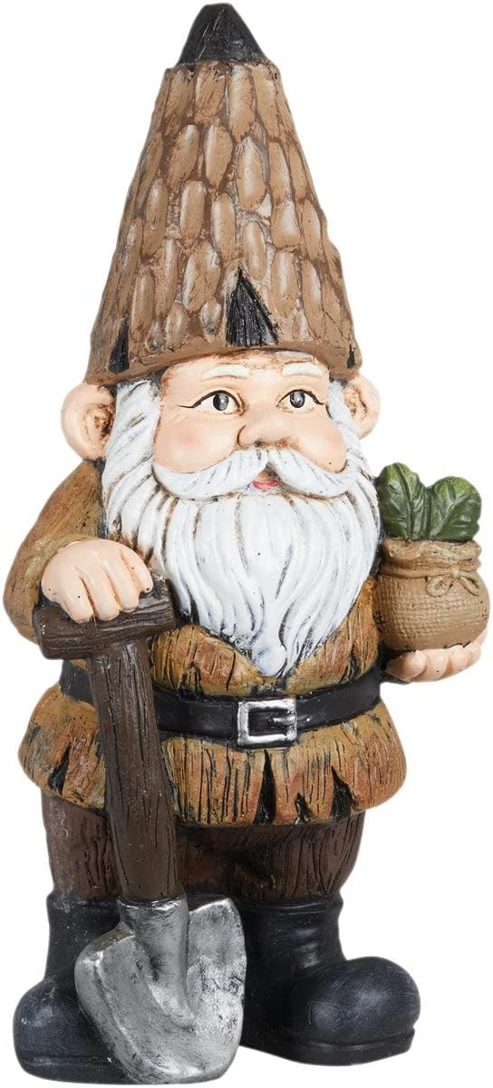 Alpine Corporation 7" x 6" x 16" Polystone Gnome with Shovel Garden Statue, Brown