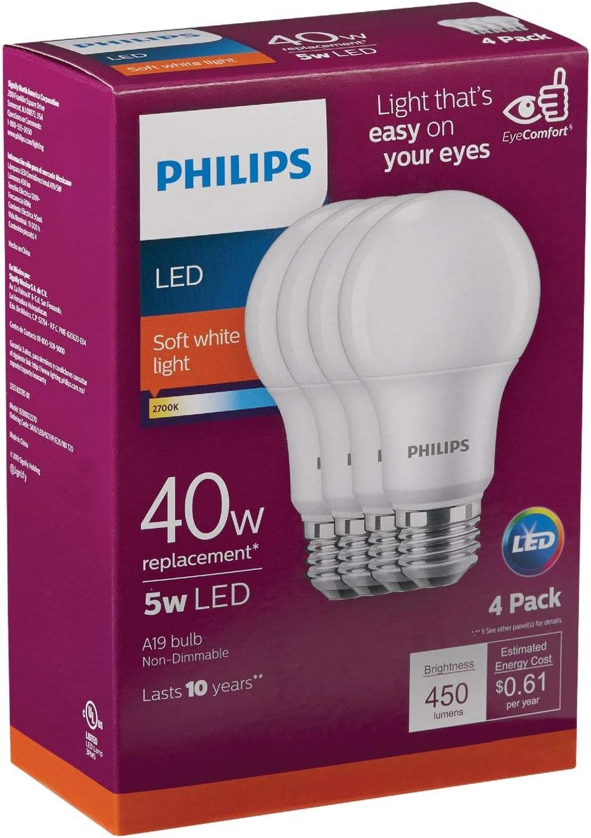 Philips LED 5 W (40 W Equivalent) frosted General Purpose Light Bulbs, A19 Bulb Shape, E26, Base (4 Pack)