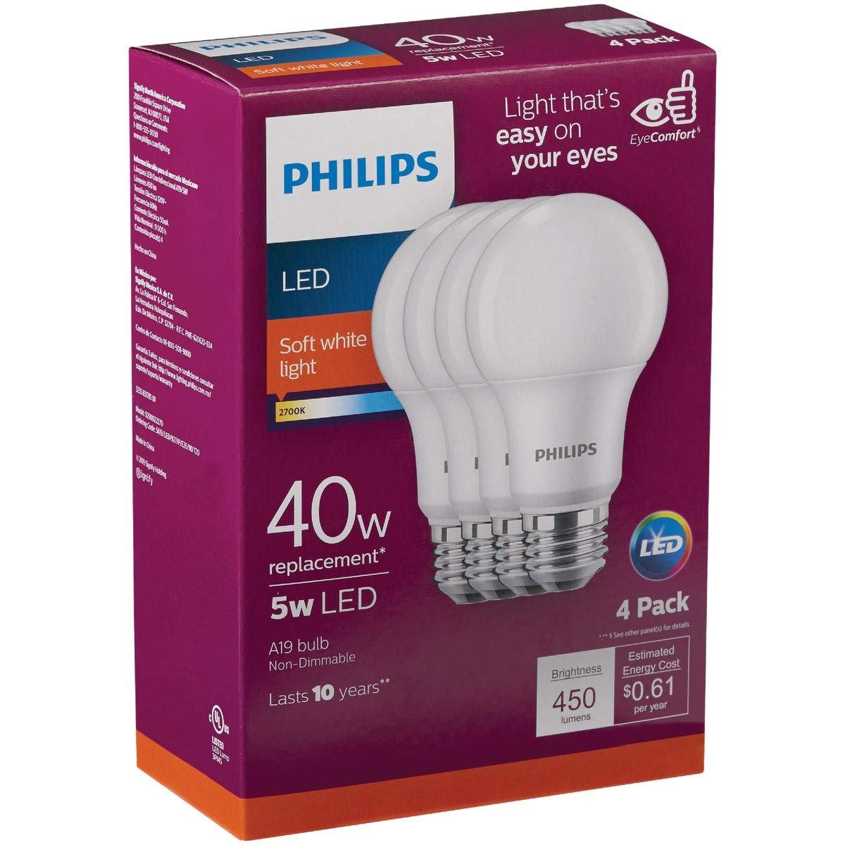Philips LED 5 W (40 W Equivalent) frosted General Purpose Light Bulbs, A19 Bulb Shape, E26, Base (4 Pack)