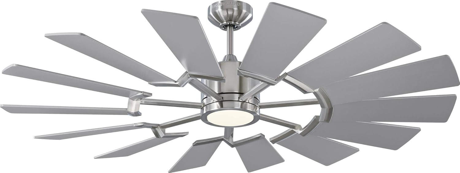 Monte Carlo 14PRR52BSD Prairie II Windmill Energy Star 52" Outdoor Ceiling Fan with LED Light and Hand Remote Control, 14 Wood Blades, Brushed Steel