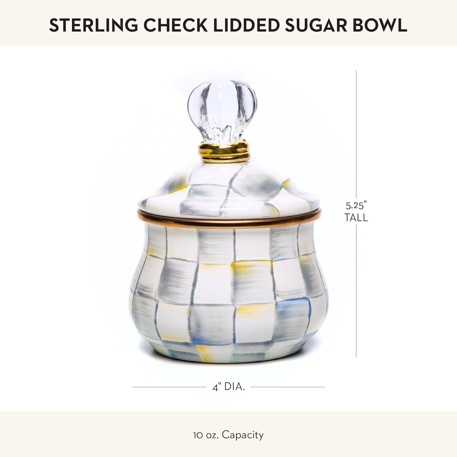 Stack man Enamel Lidded Sugar Bowl, Small Serving Bowl With Lid, 10-Ounce Capacity, Gray-And-White Sterling Check