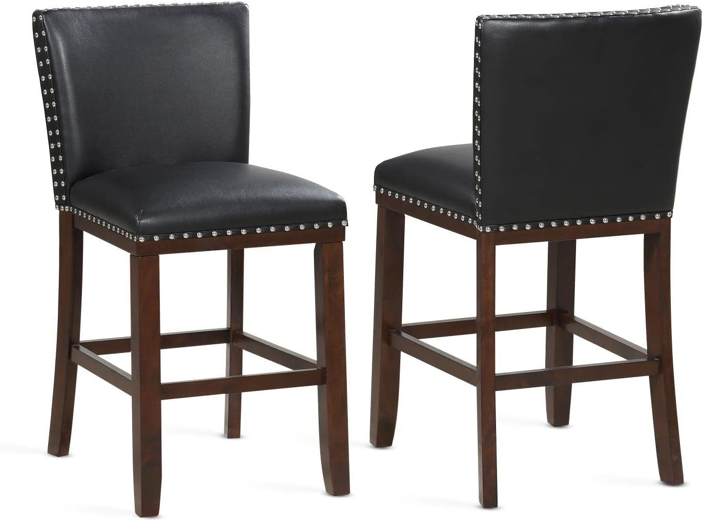 Tiffany Counter Chairs - Set of 2 - Black - Nailhead Trim Kitchen Island Stools - Wood Legs