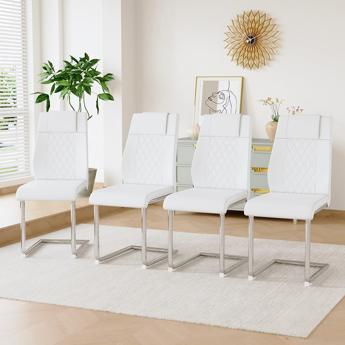Faux Leather Dining Chairs Set of 4, PU Leather Accent Chairs with Backrest, Metal Legs, 4pcs Armless Parsons Chair for Bed Room,Kitchen, Living Room, White+Silver