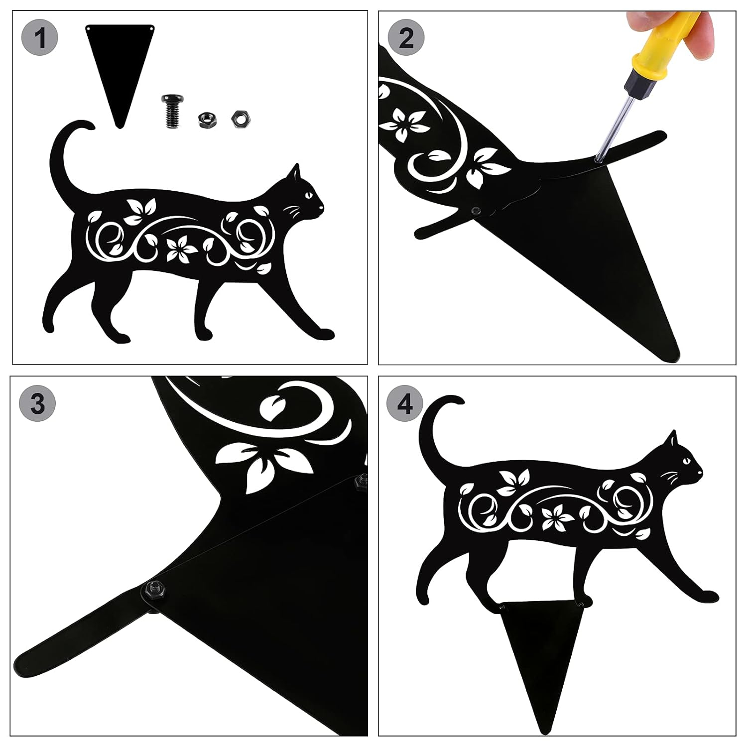 Elcoho 4 Pack Black Cat Silhouette Cute Metal Cat Garden Statues Bird Repellent Decorative Garden Stakes for Yard, Garden, Lawn Outdoor Decorations
