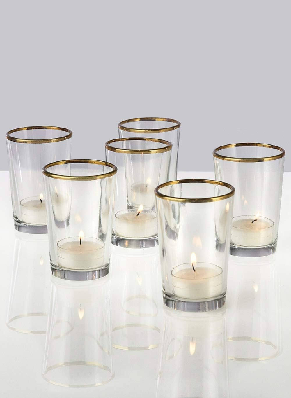 Serene Spaces Living Set of 6 Gold Rimmed Glass Votive Holders, Ideal for use at Home, Wedding, Aromatherapy, Spa, Reiki, Measures 3.5" Tall & 2.5" Diameter