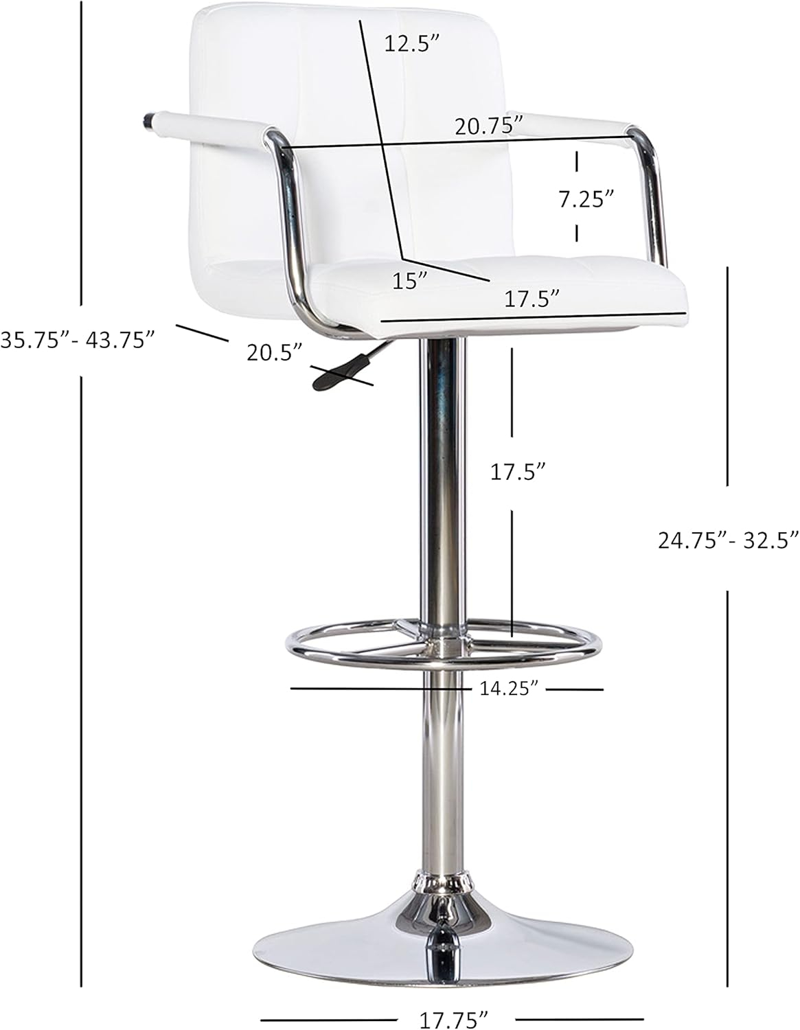 Linon Boyd 24" Low Back Indoor Quilted Metal Counter Stool with Adjustable Height and Swivel, Chrome/White Faux Leather