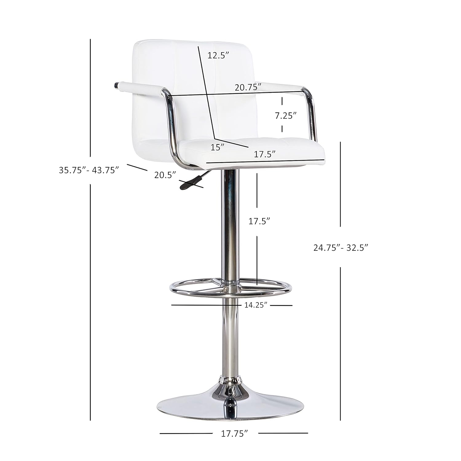 Linon White Quilted Faux Leather Gas-Lift Adjustable Swivel Bar Stool in Chrome