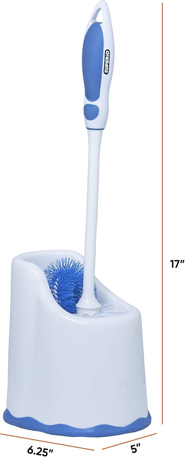 Superio Toilet Bowl Brush and Holder with Under Rim Cleaner for Bathroom, Toilet Brush and Caddy with Non Scratch Bristles and Under Rim Lip Brush, White and Blue (2 Pack)