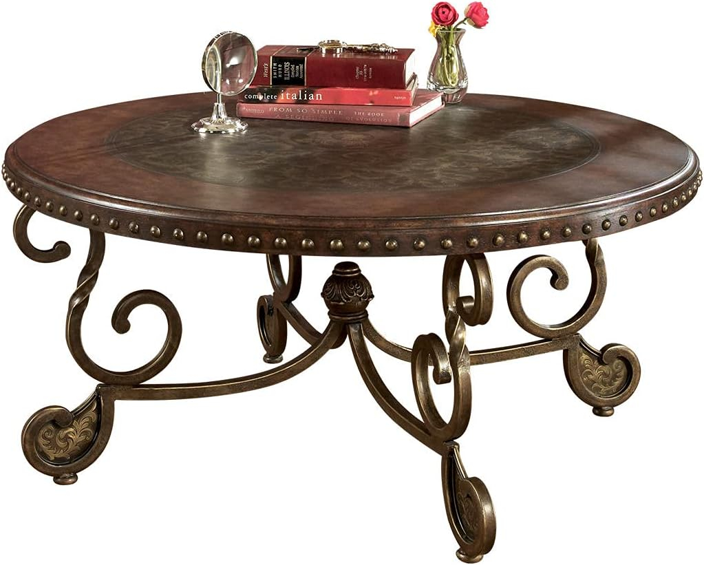 Signature Design by Ashley Rafferty Ornate Round Coffee Tabe with Decorative Metal Detail, Dark Brown