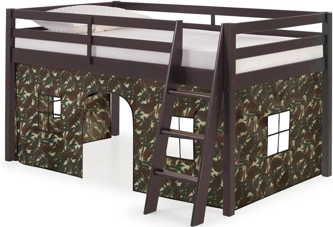 Alaterre Furniture Roxy Junior Loft - Espresso with Green Camo Bottom Tent