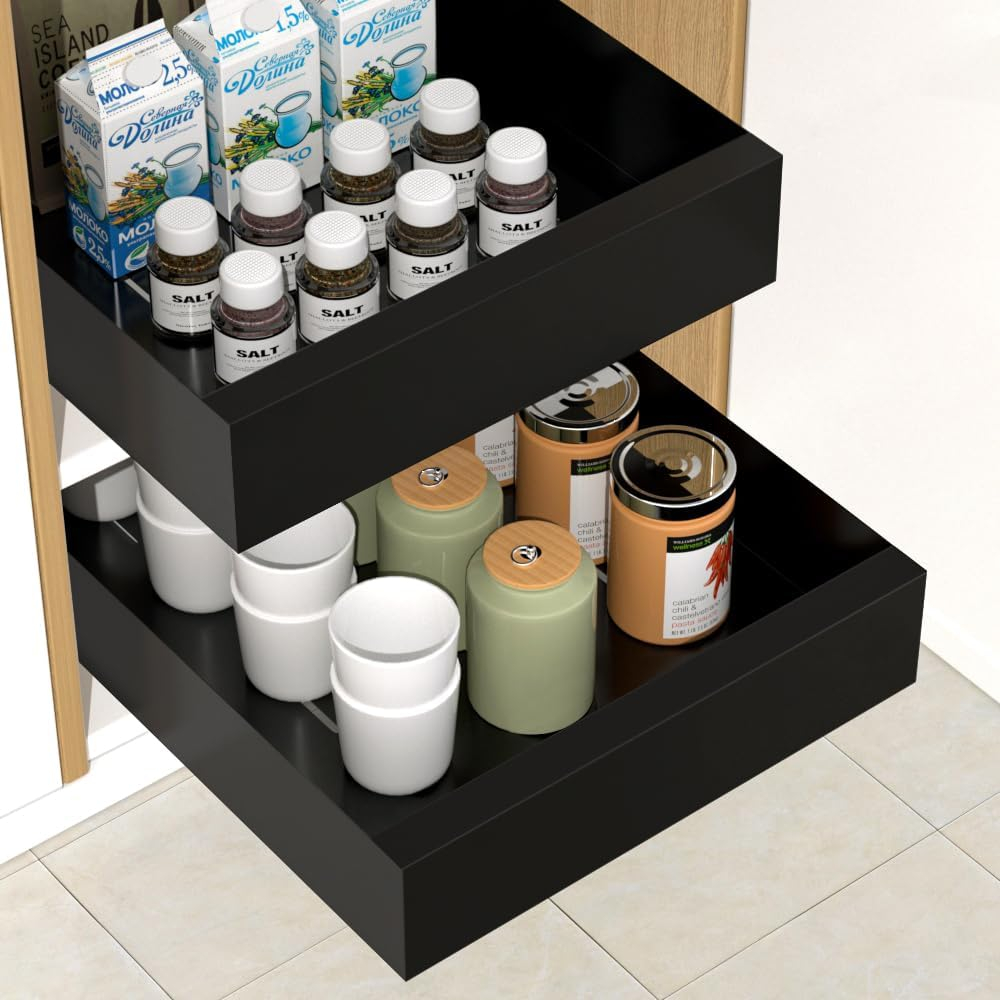 Pull Out Cabinet Organizer, Carbon Steel Cabinet Drawers Slide Out, Pantry Storage Shelves with Nano Adhesive Strip for Kitchen, Bathroom and Living Room 10.3" W X 17.0" D X 2.8H Grey