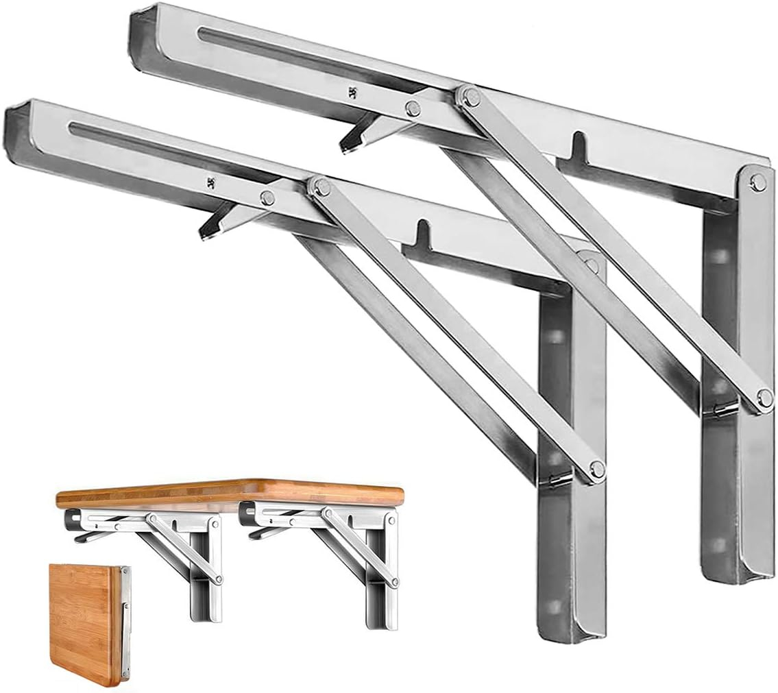 Storystore Folding Shelf Brackets - 10 Inch Heavy Duty Stainless Steel Collapsible Shelf Bracket for Bench Table, Space Saving DIY Bracket, Max Load: 550lb （2 PCS）