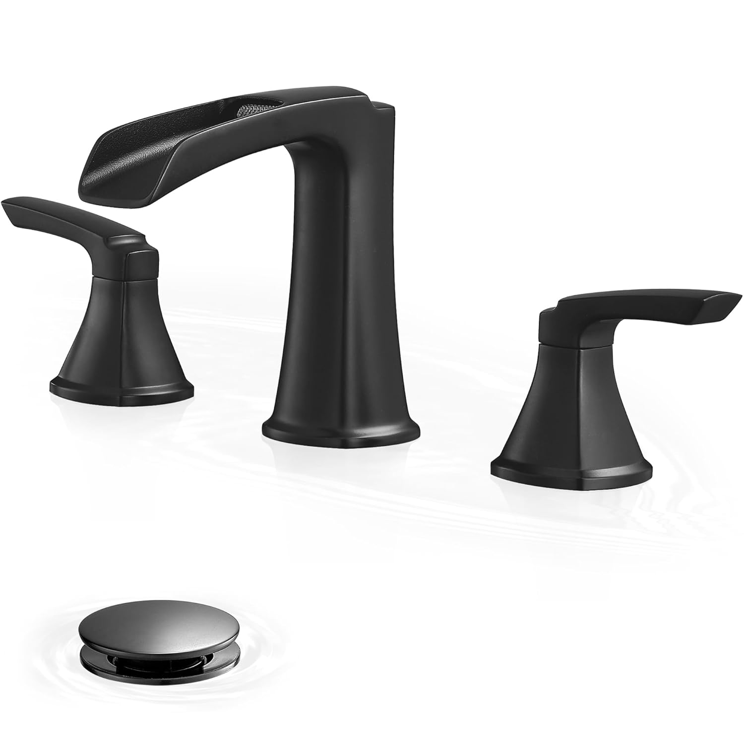 Bathroom Faucet 3 Hole Black, 8 inch Widespread Bathroom Faucet Waterfall Face Basin Faucet for Bathroom Sink, Matte Black (A.Matte Black)