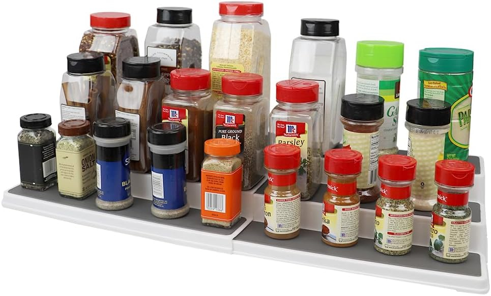 Home Basics 3 Tier Rubber Lined Plastic Spice Rack, Double, White, 14.5-23 Inches