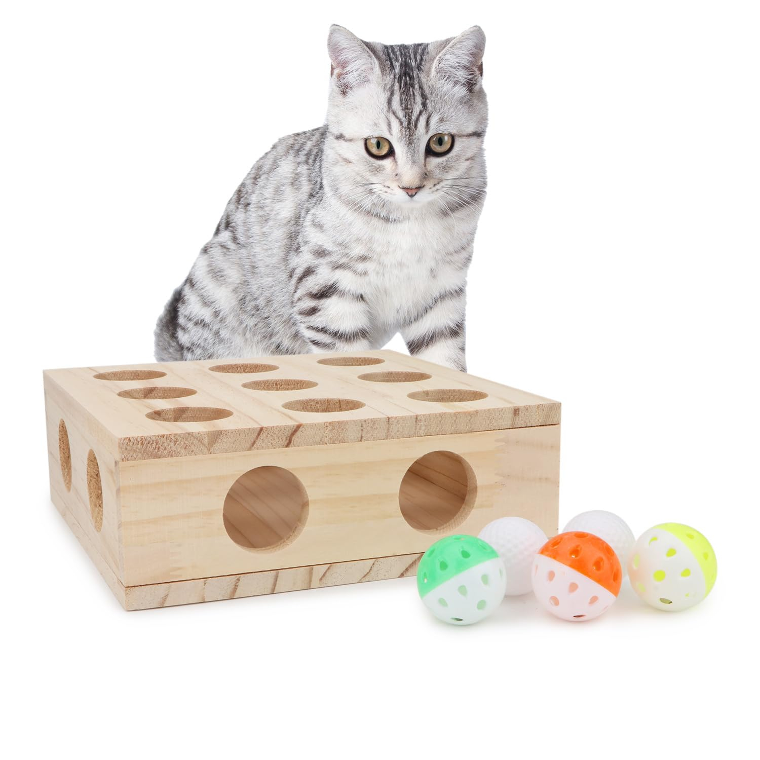 Hypeety Interactive Cat Toy Puzzle Box Wooden Treat Maze Scratcher Peek Play Toy Box Fun Interactive Cat Toy Fun Hide and Seek Agility Toys